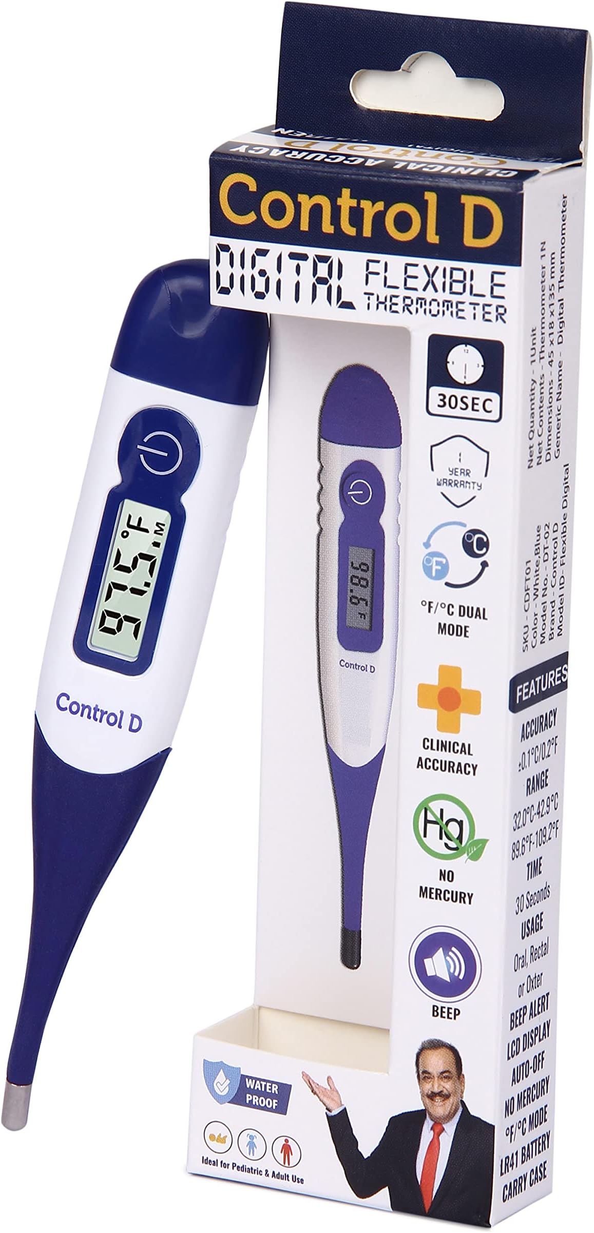 Control D Plastic Waterproof Flexible Tip Digital Thermometer For Adult And Kids (White, Blue)