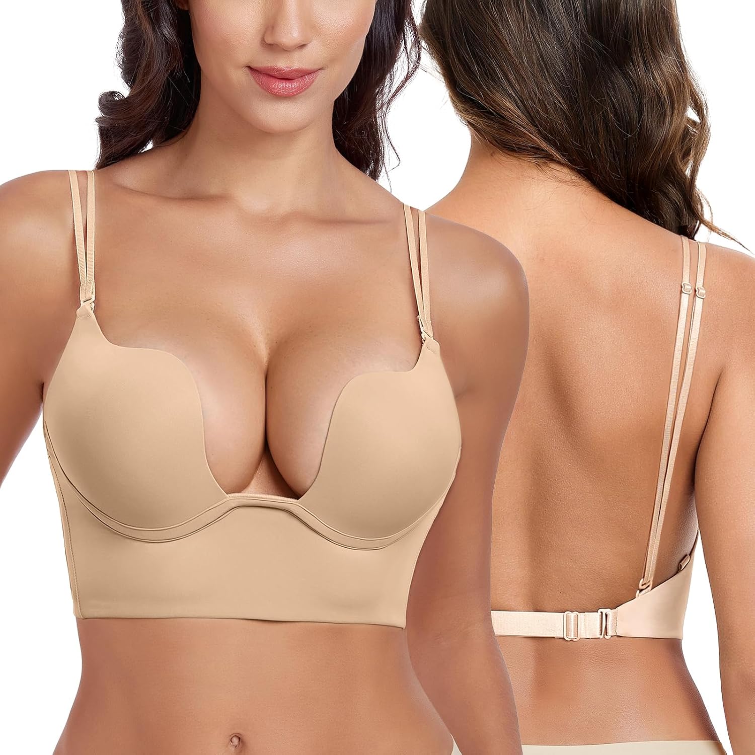 Women's Backless Deep Plunge Bra U Neckline Push Up Low Cut Supportive Underwire Bras