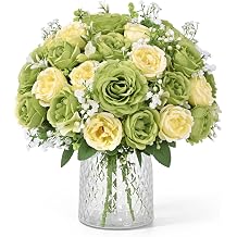 Yastouay 4 Bouquets Peonies Artificial Flowers, Mixed Green & Cream White