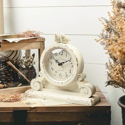 Miniatura 3 de NIKKY HOME Reloj de mesa vintage con 2 pájaros, silencioso sin tictac, funciona con pilas, estante de escritorio, reloj de madera rústico para