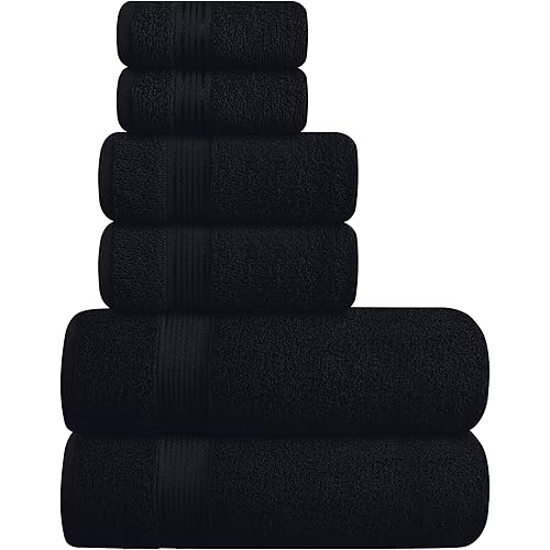Belizzi Home Ultra Soft 6 Pack Cotton Towel Set, Contains 2 Bath Towels 28x55 inch, 2 Hand Towels 16x24 inch & 2 Wash Coths 12x12 inch, Ideal for Everyday use, Compact & Lightweight - Black