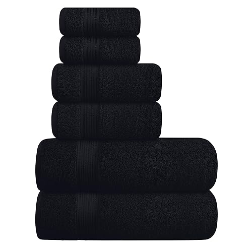 Belizzi Home Ultra Soft 6 Pack Cotton Towel Set, Contains 2 Bath Towels 28x55 inch, 2 Hand Towels 16x24 inch & 2 Wash Coths 12x12 inch, Ideal for Everyday use, Compact & Lightweight - Black - Black