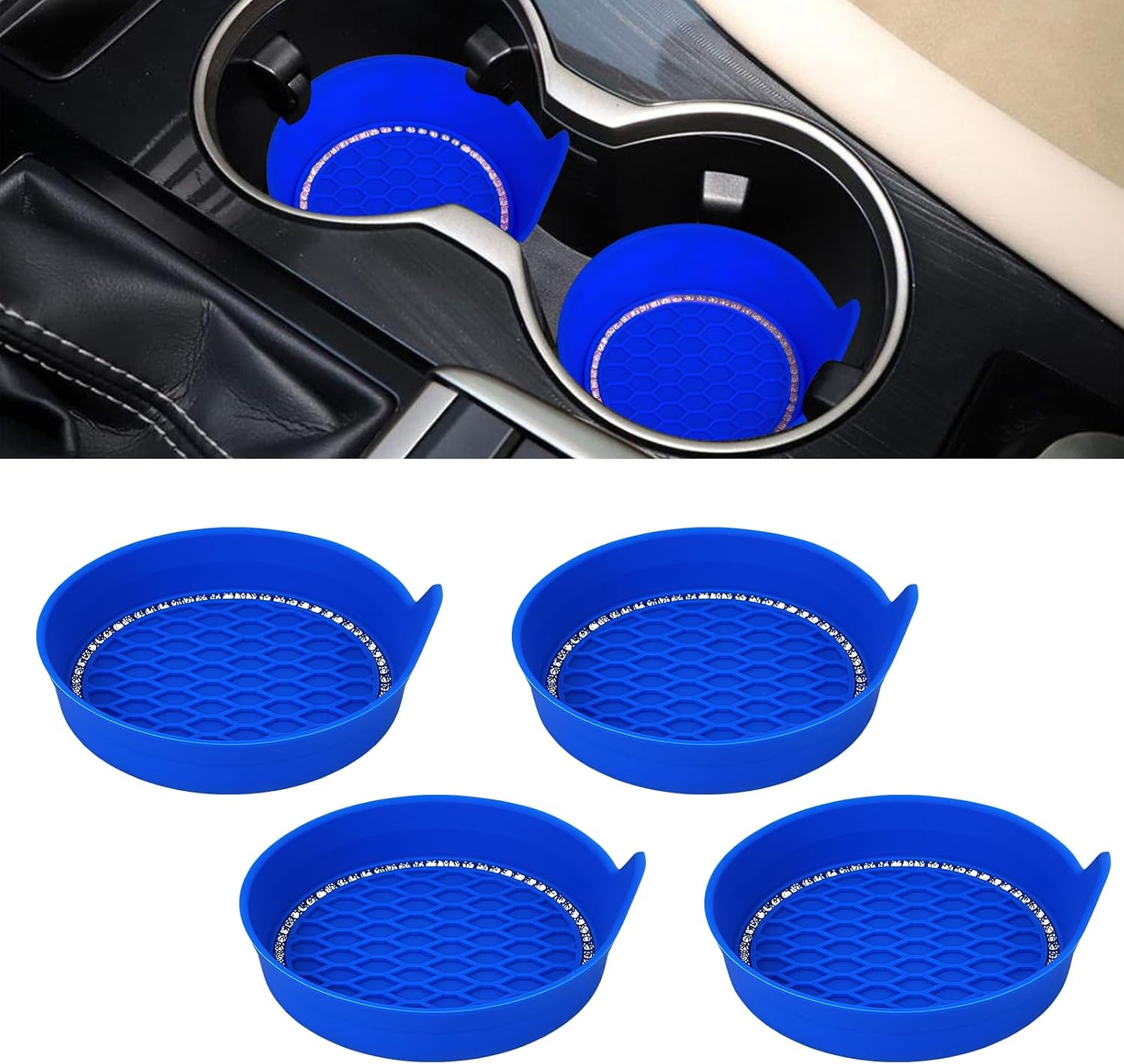 Car Cup Coaster, 4 Pack Universal Vehicle Cup Holder Insert Coasters, Silicone Non-Slip Cup Mat with Glitter Design, Car Interior Accessories (Blue)