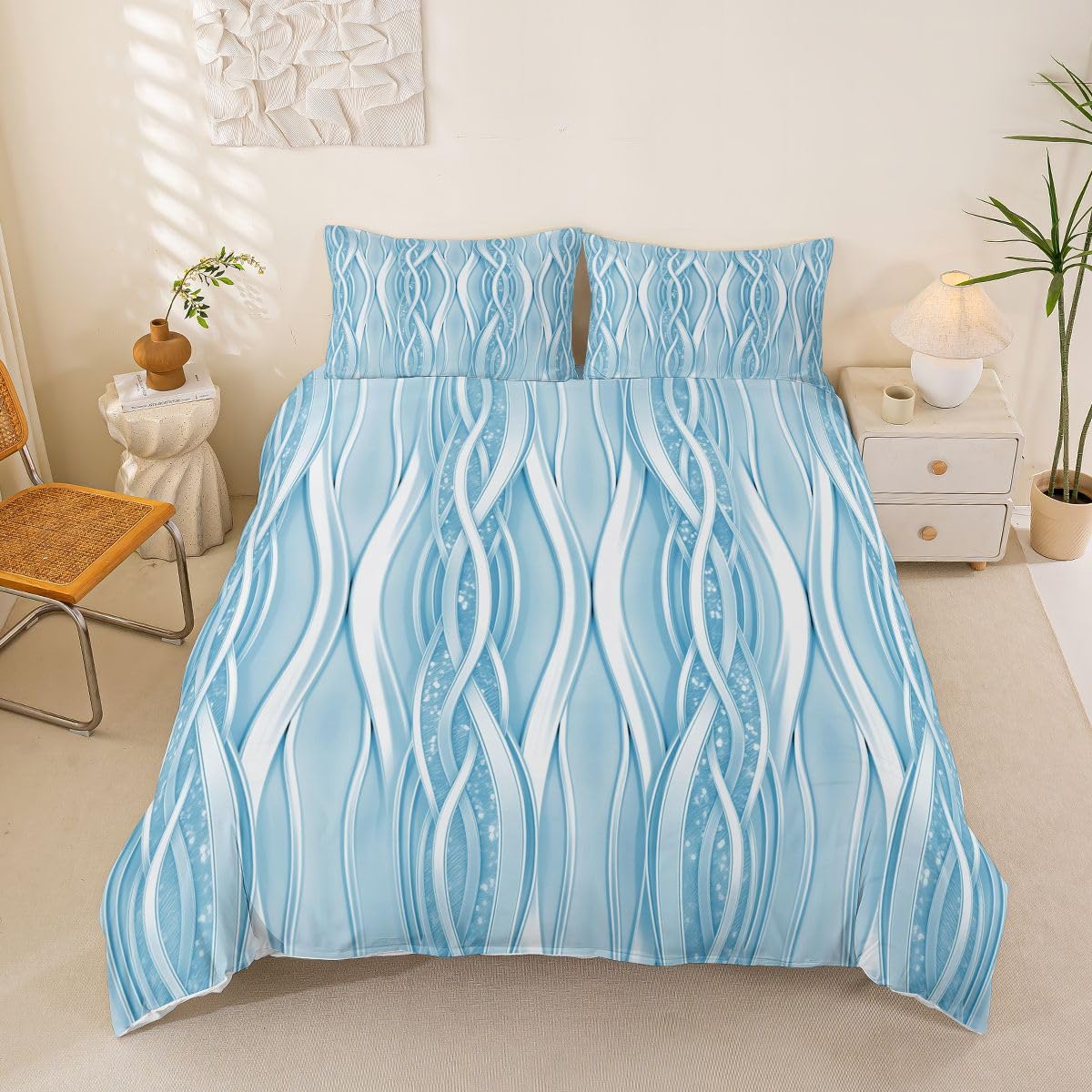 Housse de couette 200x200 parure de lit 2 personnes bleu blanc avec zip