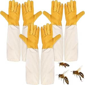 Lawei 3 Pairs Beekeeping Gloves, Goatskin Leather Beekeeper's Gloves with Ventilated Canvas Long Sleeves, Thick Protected Bee Gloves for the Beginner Beekeeper Hand Protection, Elastic Cuffs Vented