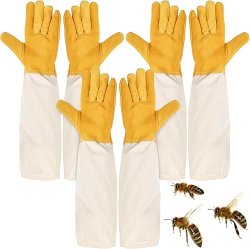 Lawei 3 pares de guantes de apicultura, guantes de apicultor de piel de cabra con mangas largas de lona ventilada, guantes gruesos protegidos de