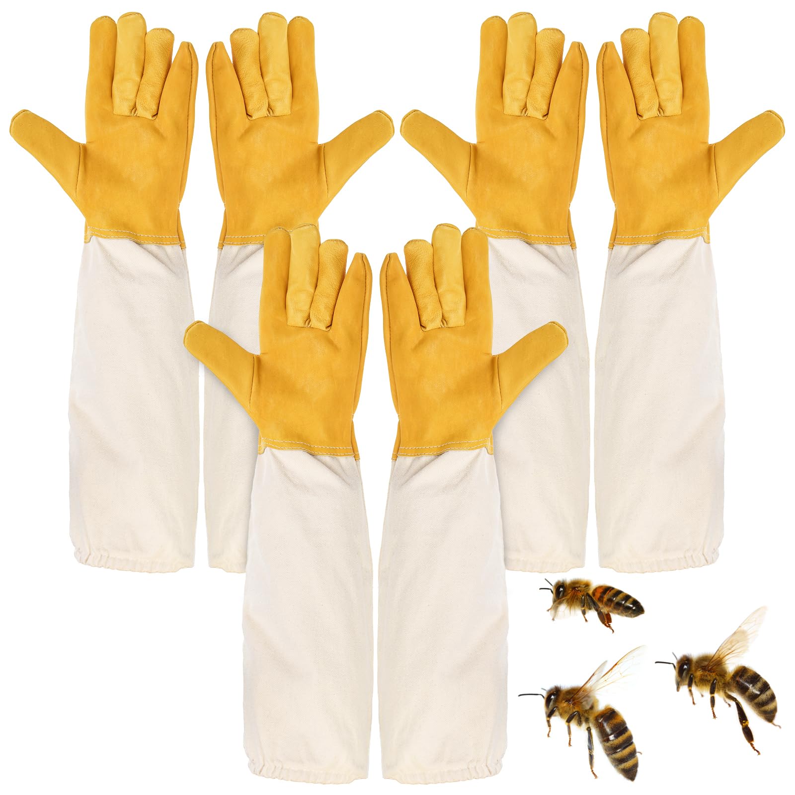 Lawei 3 Pairs Beekeeping Gloves, Goatskin Leather Beekeeper's Gloves with Ventilated Canvas Long Sleeves, Thick Protected Bee Gloves for the Beginner Beekeeper Hand Protection, Elastic Cuffs Vented