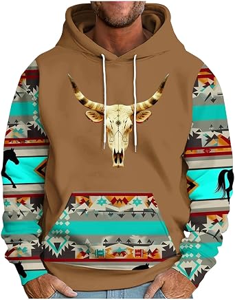 Mens Retro Long Sleeve Hooded Sweatshirts Fashion Printed Baggy Sweatshirts Streetwear Pollover Tops with Pocket