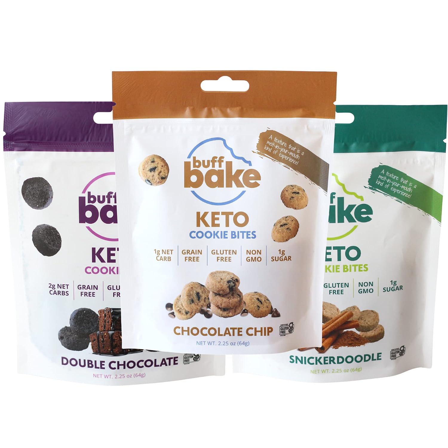 Buff Bake Keto Cookie Bites Variety 3 Pack | Keto Friendly Low Carb Snacks Mini Cookies | Gluten Free, Grain Free, Non GMO, No Sugar Added | 2g Net Carb For Ketosis Ketogenic Melt in Your Mouth Diabetic Diet Friendly Healthy Dessert Treat | 3 Pack