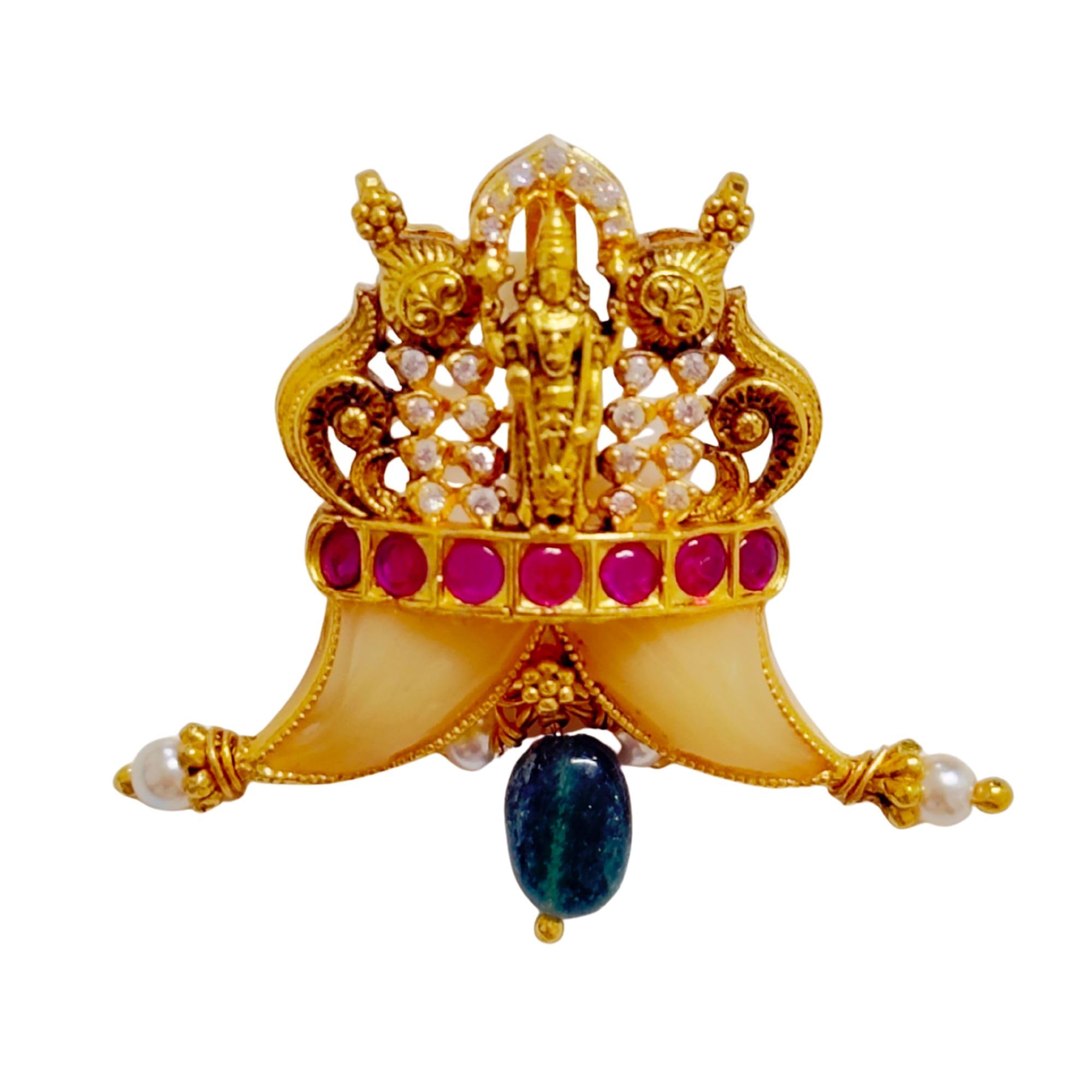 Venkateswara Ruby Tiger Claw Pendant Peacock Motif Ruby Stone Center Pearl Green Bead Danglers Temple Jewelry South Indian Traditional Festive Accessory Antique Gold Finish-image-19