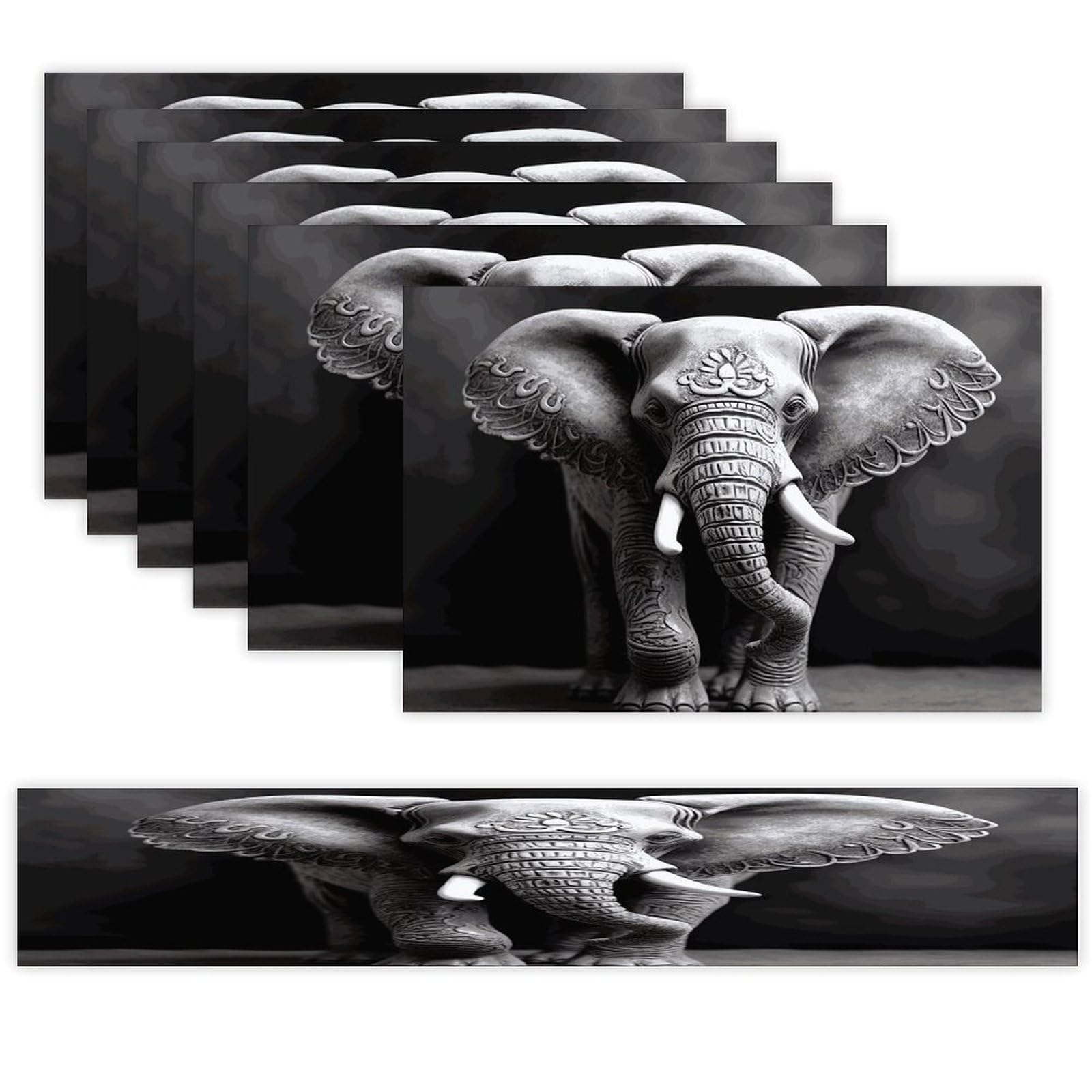 Gray Elephant Table Runner and Placemats Set of 6 for Kitchen Washable Table Mats Heat Resistant Place Mats Non-Slip Place Mat Wipeable Placemat(6 Placemats+1 Table Runner)