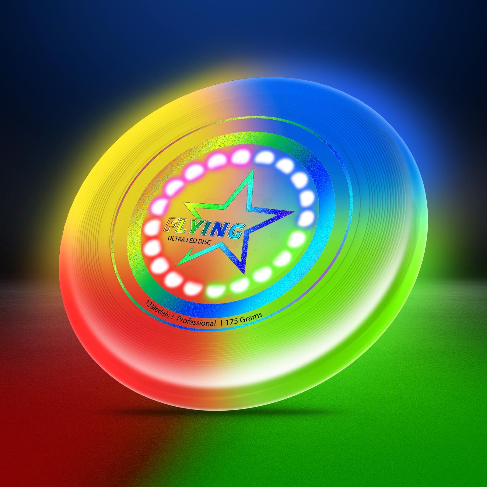 Umnodobn LED Flying Sport Disc Toy for Kids Adults Teens, 7 Dynamic Glow in The Dark Fiying Ring, 175 G, Light Up Flashing, Sand Beach Toy for Lawn,