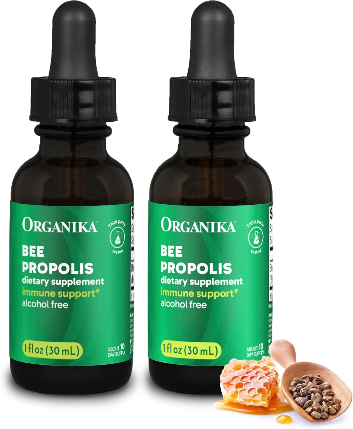 Organika Bee Propolis Tincture 1 oz x 2 Pack: Clean and Vegan Propolis Extract for Immune Defenses, Throat, and Breath - Free of Gluten, GMO, & Artificial Flavors - 20 Day Prop Drops Supply