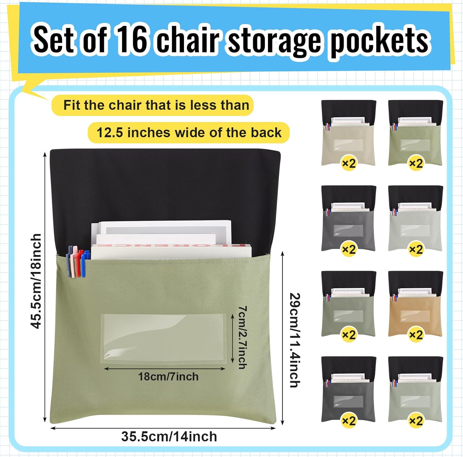 16 Pcs Chair Pockets for Classroom, 14 x 18 Inch Green Chairback Pocket with Name Tag Slot, Seat Cover for Classroom Chairs K-5, Back to School Supplies, 8 Colors