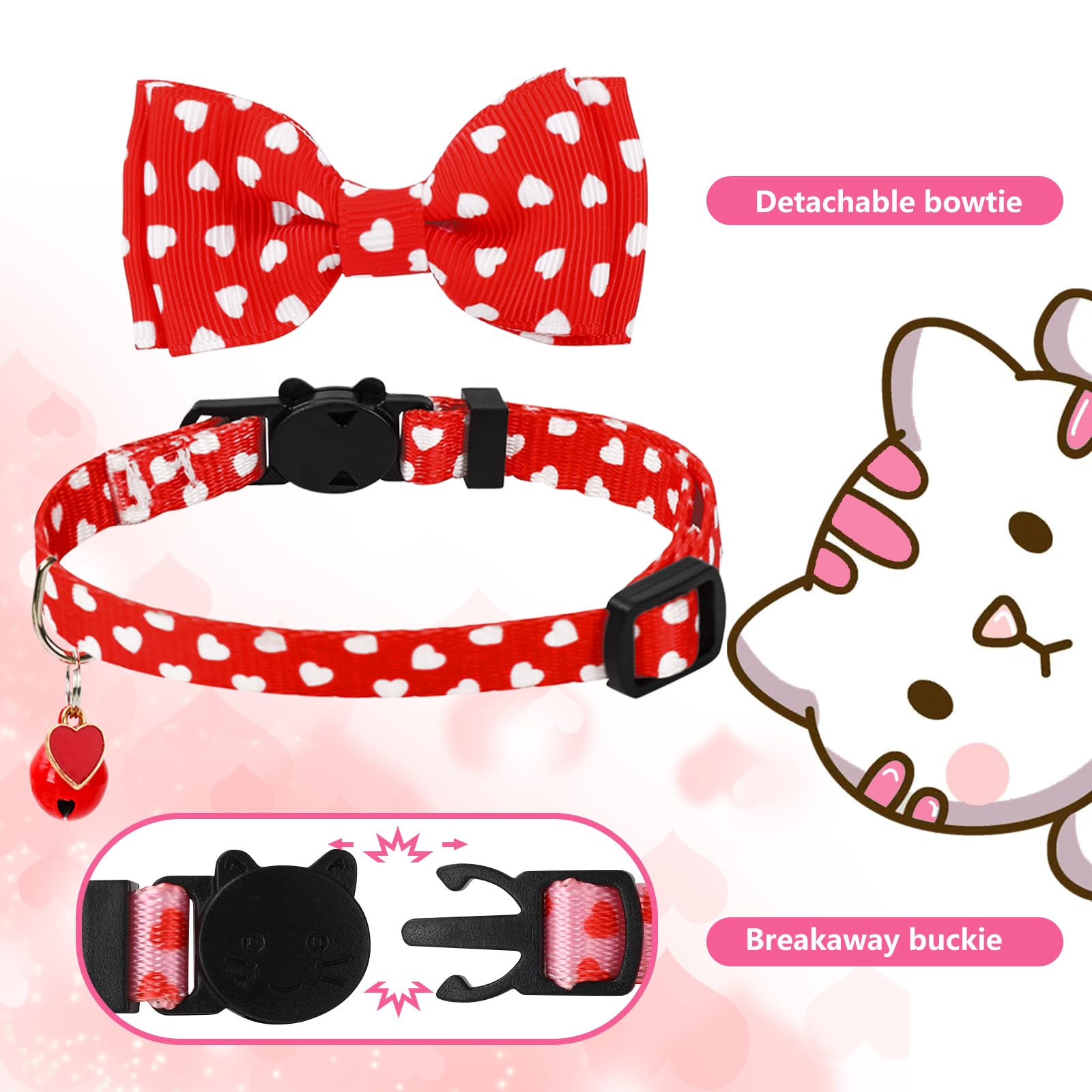 JarThenaAMCS 3 collares de gato para el día de San Valentín, collar de corazón con pajarita con campana separable, collar ajustable para gatito para niña, niño, gato, mascota pequeña