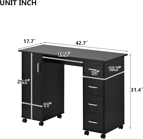SSLine Manicure Nail Table Station with Wheels,Manicure Table Nail Beauty Spa Salon Desk Workstation w/4 Drawers,1 Cabinet,Nail Art Desk Workstation(Black)