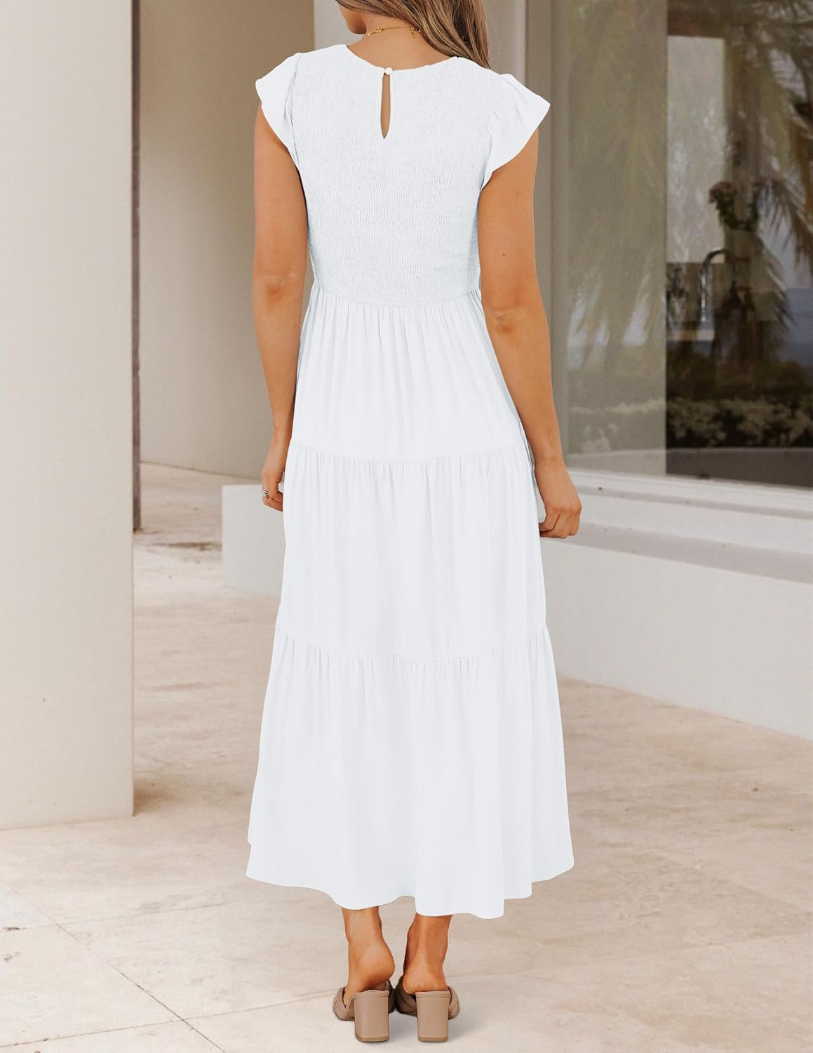 ZESICA Women's 2026 Summer Casual Flutter Short Sleeve Crew Neck Smocked Elastic Waist Tiered Midi Dress thumbnail