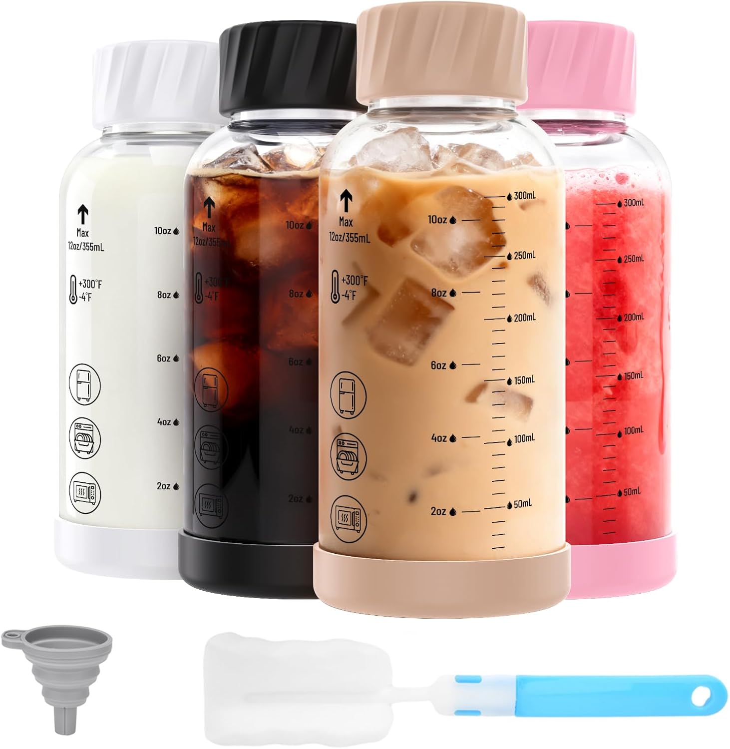 12 oz Glass Juice Bottles with Lids, 4 Pack Borosilicate Glass Bottles with Stainless Steel Lid - Reusable, BPA-Free for Juicing, Smoothies, Infused Water & Protein Drinks, Leakproof, Clear