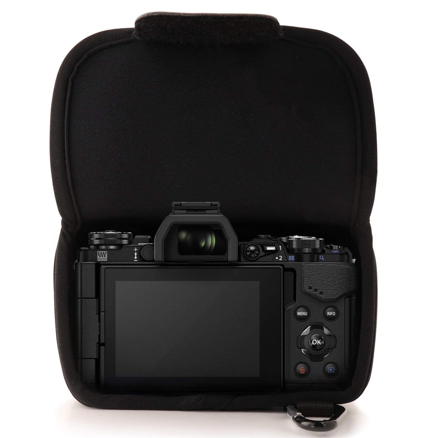 MegaGear - Ultralekkie Etui Neoprenowe z Karabińczykiem do Aparatu Olympus O - Czarny, 13.89 x 9.3 x 14.91 cm, MegaGear MG1196 ultralekkie etui neoprenowe z karabińczykiem do aparatu Olympus OM-D E-M5