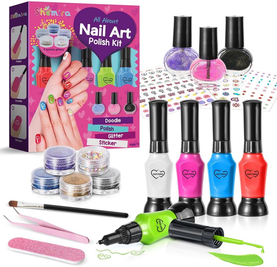 Shemira Nail Art Kit for Girls, Nail Polish Kit for Kids Ages 7-12 Years Old, Ideal Birthday Gift for Girls 7 8 9 10 11 12 Years Old, Nail Polish GIft Set for Teens