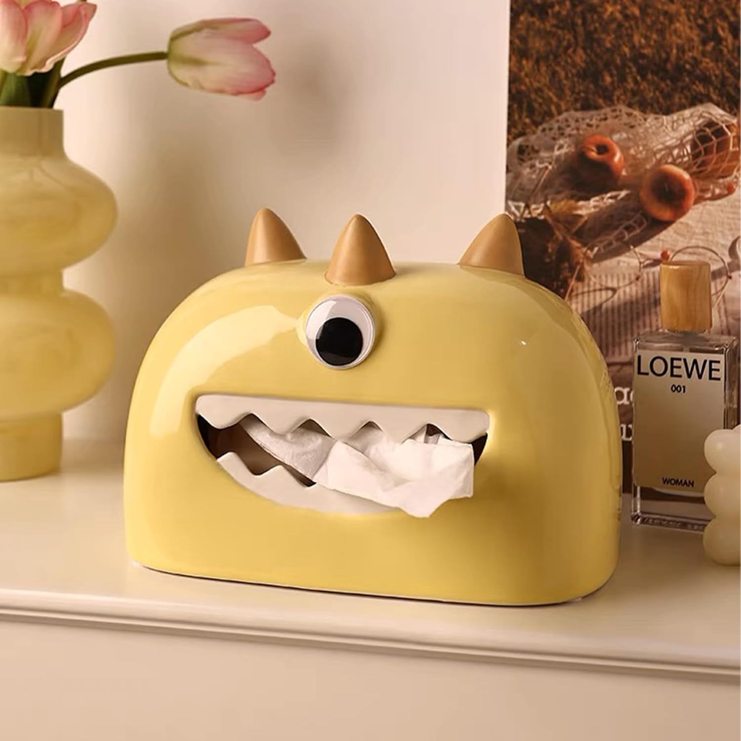 Linxia Little Monster Tissue Box, Egg Yolk Yellow Single-Eyed, Cute Tissue Box Phone Stand, Creative Desktop Shelf Decor for Home and Office
