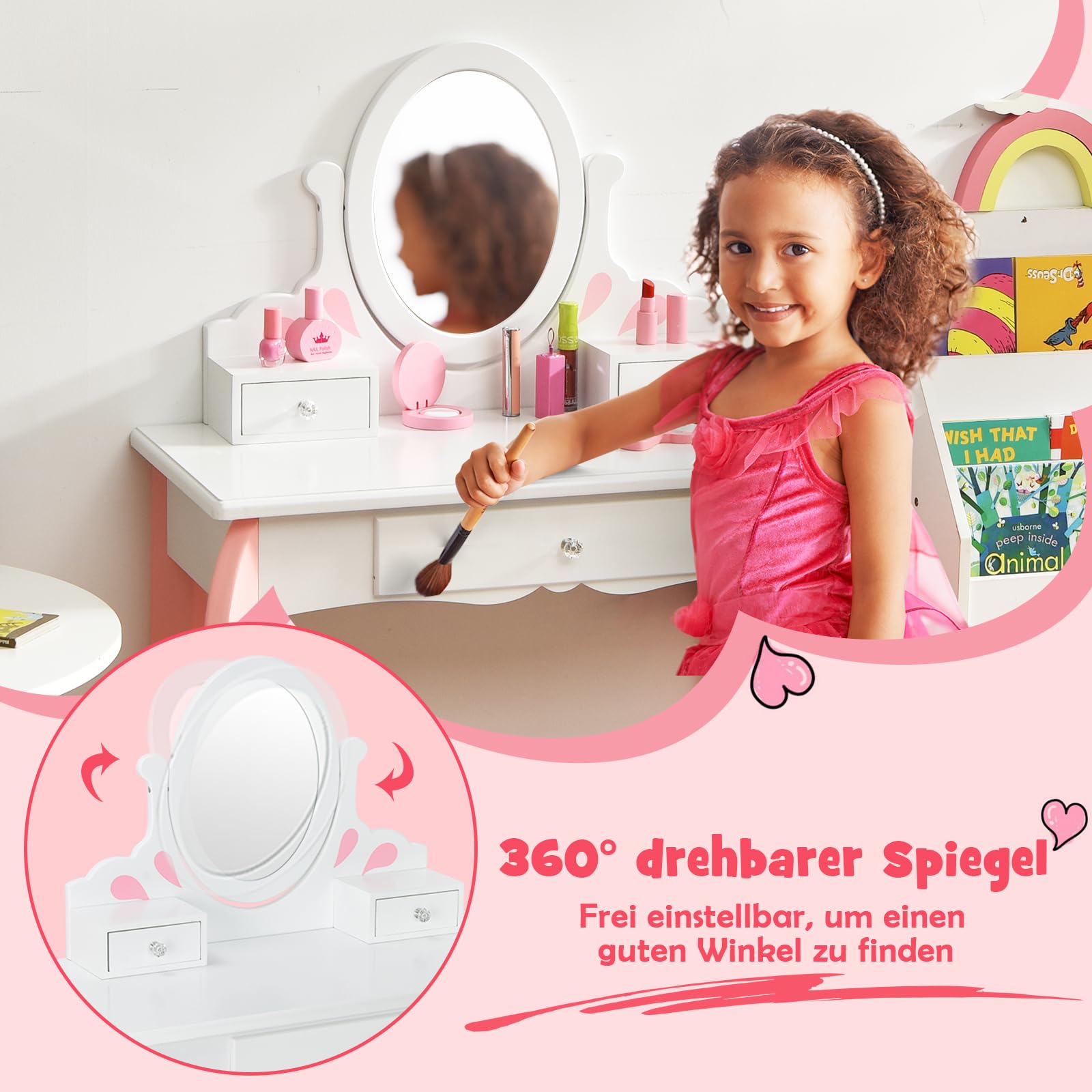 DREAMADE 2 in 1 Kinder Schminktisch mit Hocker & Abnehmbarer Spiegel, Prinzessin Frisiertisch Kosmetiktisch aus Holz, Kinderschminktisch mit 3 Schubladen für Kinder Mädchen ab 3 (Weiß)