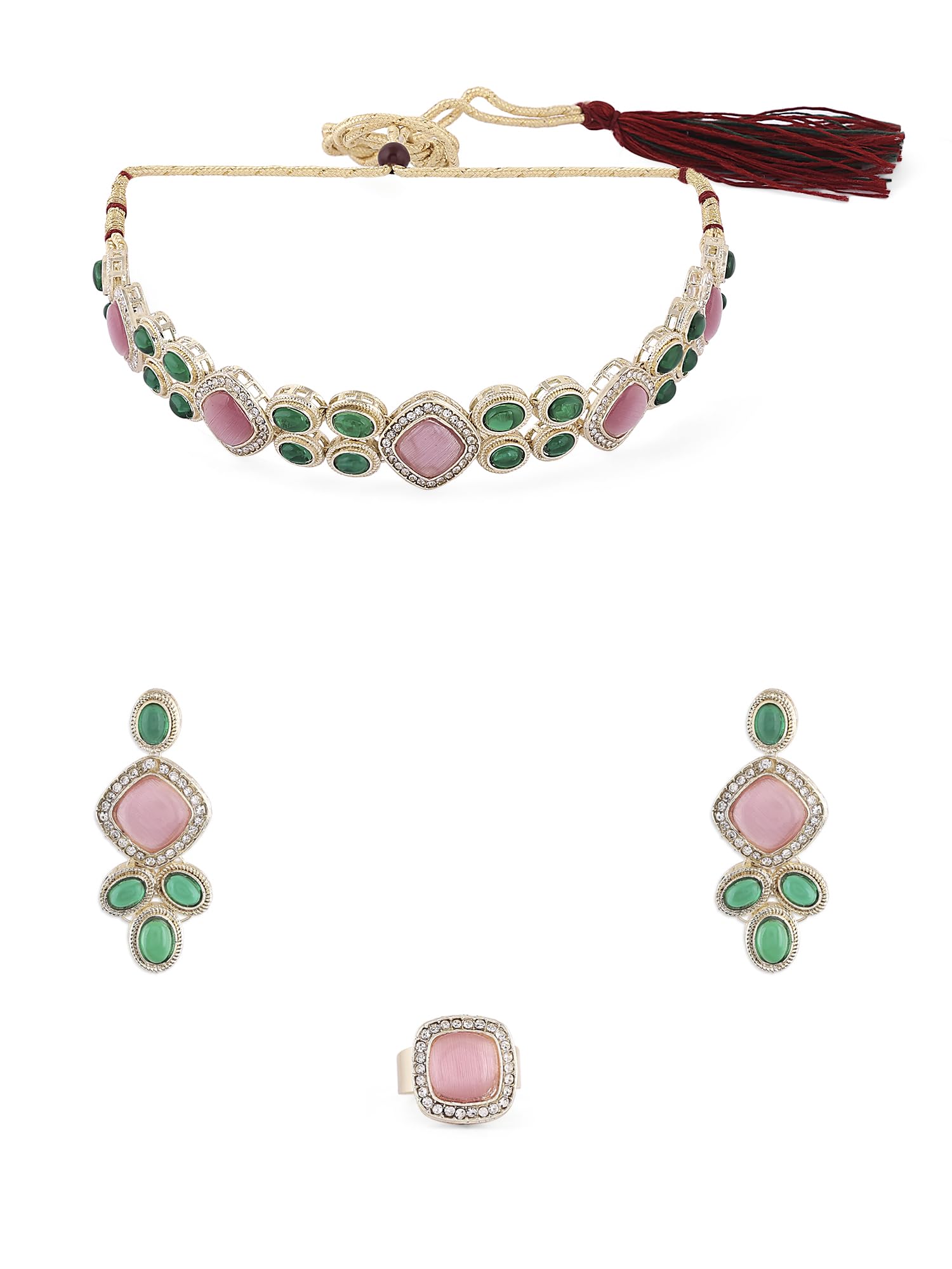ZAVERI PEARLS Green Pink Cat Eye Stones Beads Statement Kundan Choker Necklace Earring & Ring Set For Women-ZPFK16578 (B0CKJ1BBWZ) Amazon Price History, Amazon Price Tracker