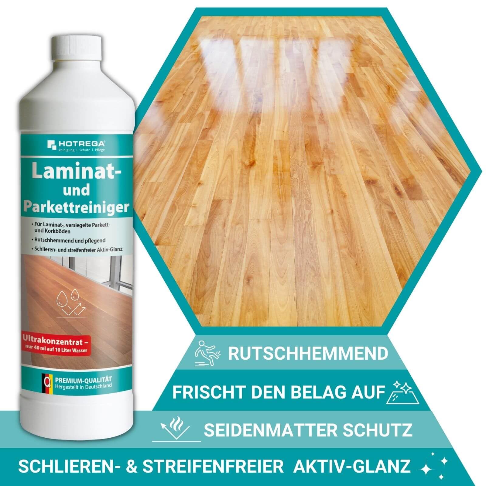 HOTREGA Laminat- & Parkettreiniger Konzentrat | 5x 1L Set | Wischpflege | Streifenfreie Reinigung für Korkböden | Rutschhemmend & Seidenmatt-Effekt | Schutz vor Feuchtigkeit & Abnutzung