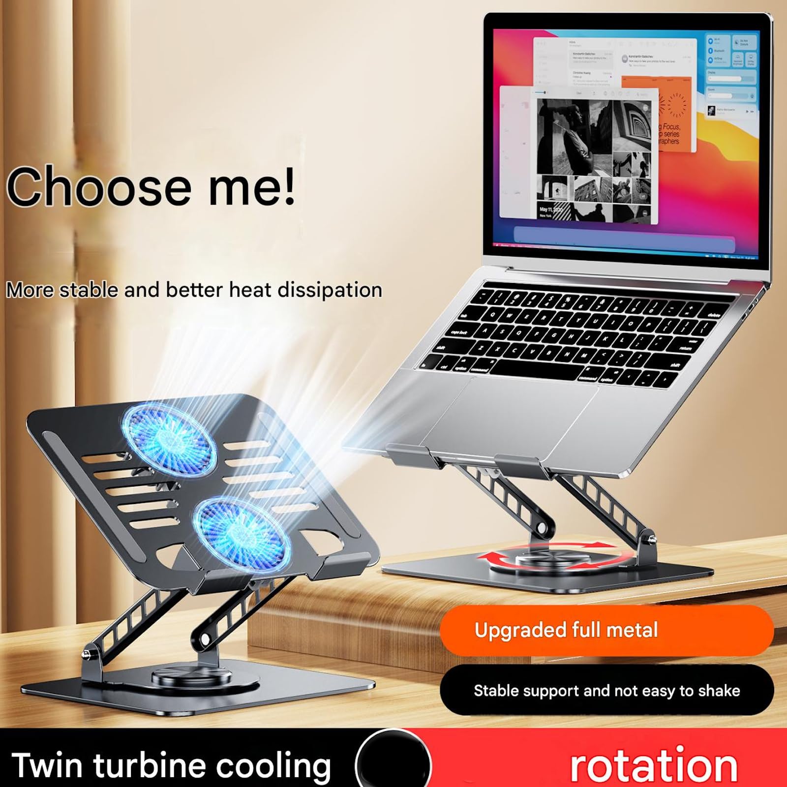 Supporto ergonomico per laptop per dispositivi da 17,3 pollici con doppia ventola di raffreddamento regolabile in altezza e rotazione a 360 gradi regolabile