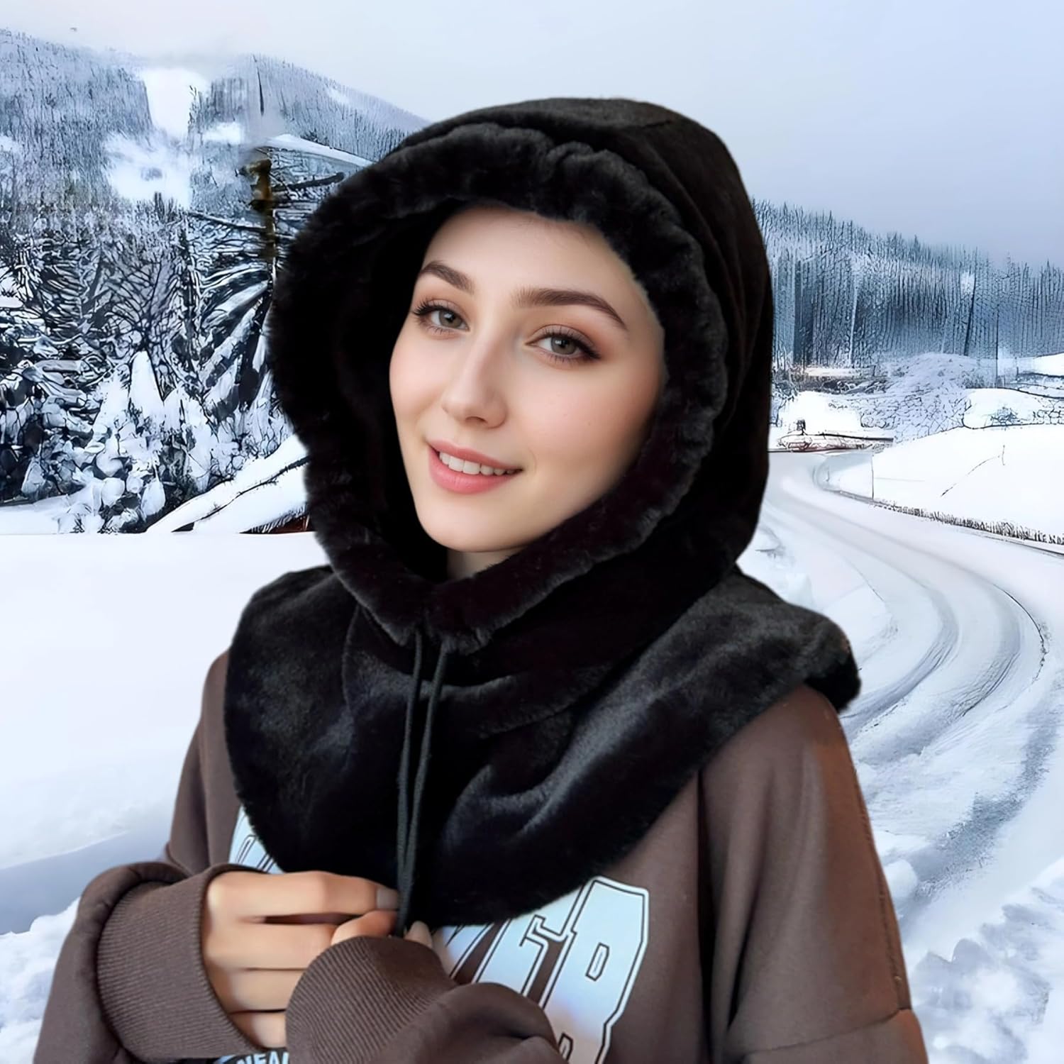 Ski Hooded Scarf One-Piece Warm Plush Winter Hat Windproof Balaclava Hood for Women Neck Warmer Beanie Pullover Cap - Image 4