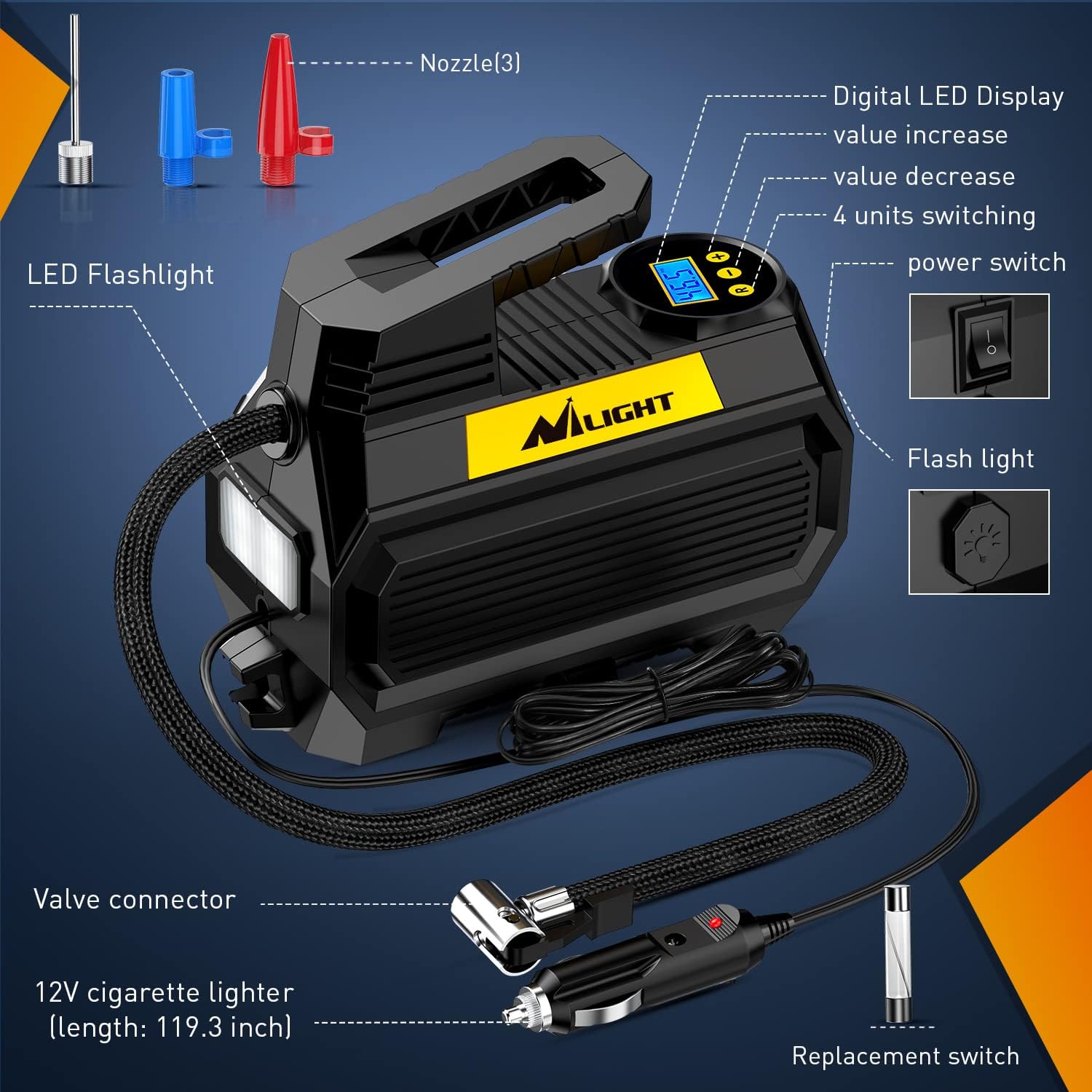 Nilight Tire Inflator Air Compressor Portable Air Pump for 12V DC Car Tires with Digital Pressure Gauge 150PSI Auto Tire Pump with LED Light for Cars ATVs Bicycles, 2 Years Warranty, 50066A
