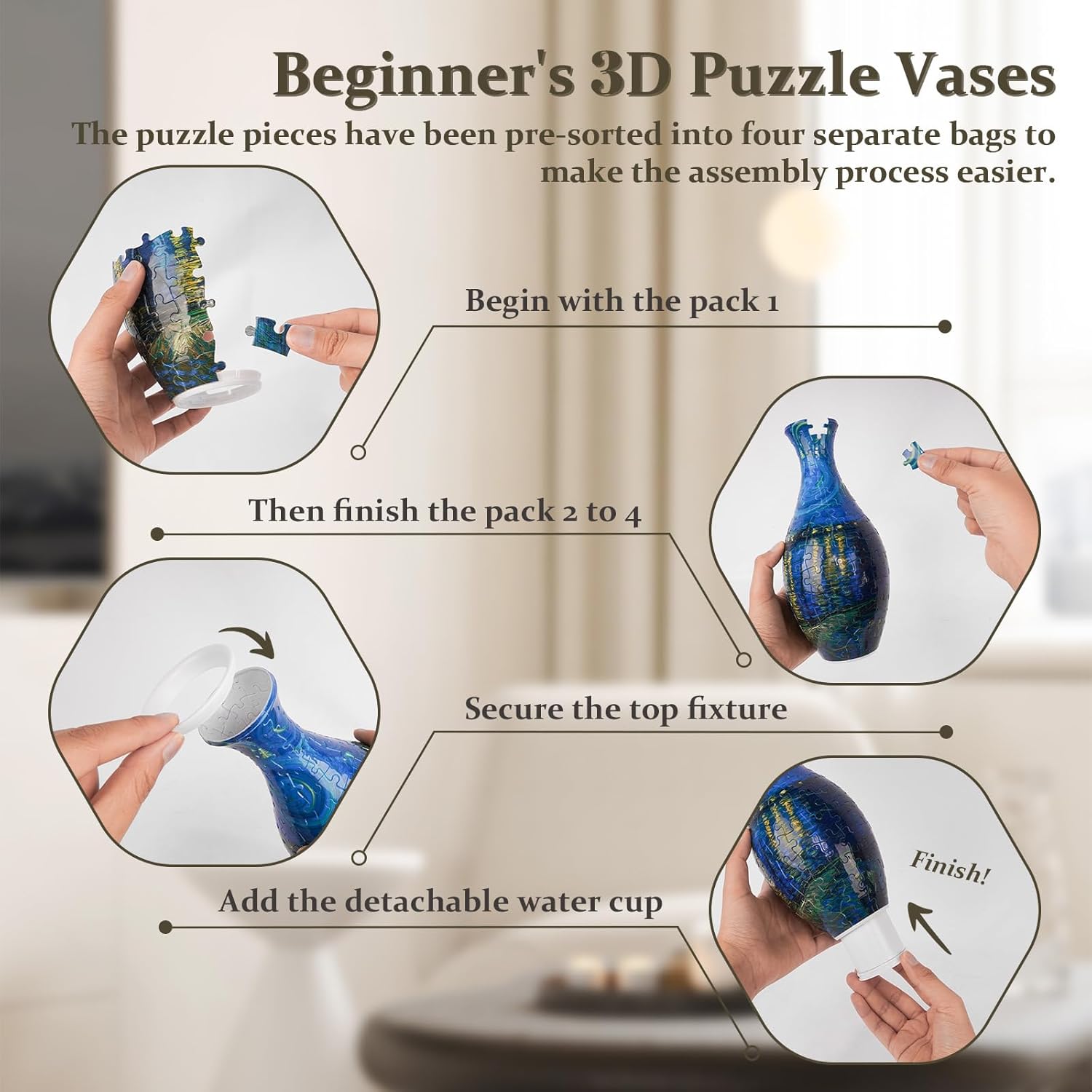 3D Puzzles Vase for Adults with LED Light, 160 Pcs Unique Plastic Flower Vase Puzzle,Crafts for Adults,DIY House Warming Gifts for Flower Arrangements and Home Decor (​Starry Night)