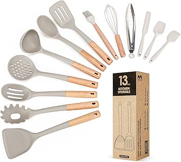 Kitchen Utensils Set, 13PCS Silicone Cooking Utensils, Heat Resistant Kitchen Utensil Spatula Set for Nonstick Cookware, Wooden Handles Kitchen Gadgets Tools Set