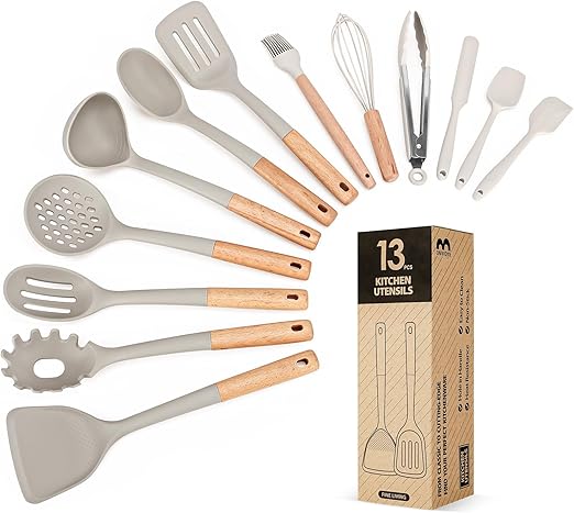 Kitchen Utensils Set, 13PCS Silicone Cooking Utensils, Heat Resistant Kitchen Utensil Spatula Set for Nonstick Cookware, Wooden Handles Kitchen Gadgets Tools Set