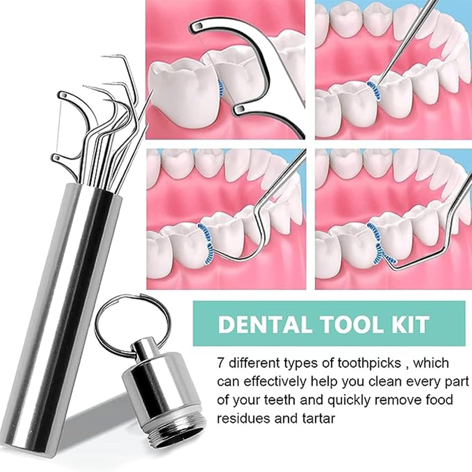 Teeth claening kit,Dental Tools, 7 in 1 Stainless Steel Teeth Cleaning Tool Kit, Dental Hygiene Kit Toothpicks Cleaning Picks Flosser for Teeth Braces Cleaning Tools