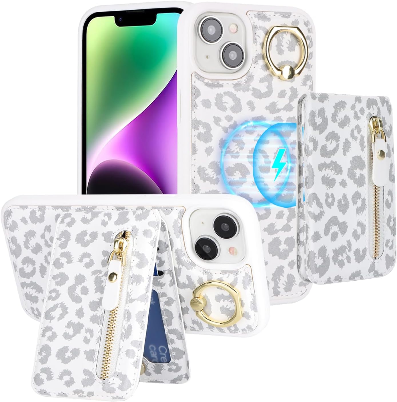SailorTech Case for iPhone 13 Phone Case with Card Holder, Cover for iPhone 13 Case Ring Stand with Kickstand Card Slots Wallet Detachable 2-in-1 Zipper Case - White Leopard 8 71aopEOVTmL. AC SL1500