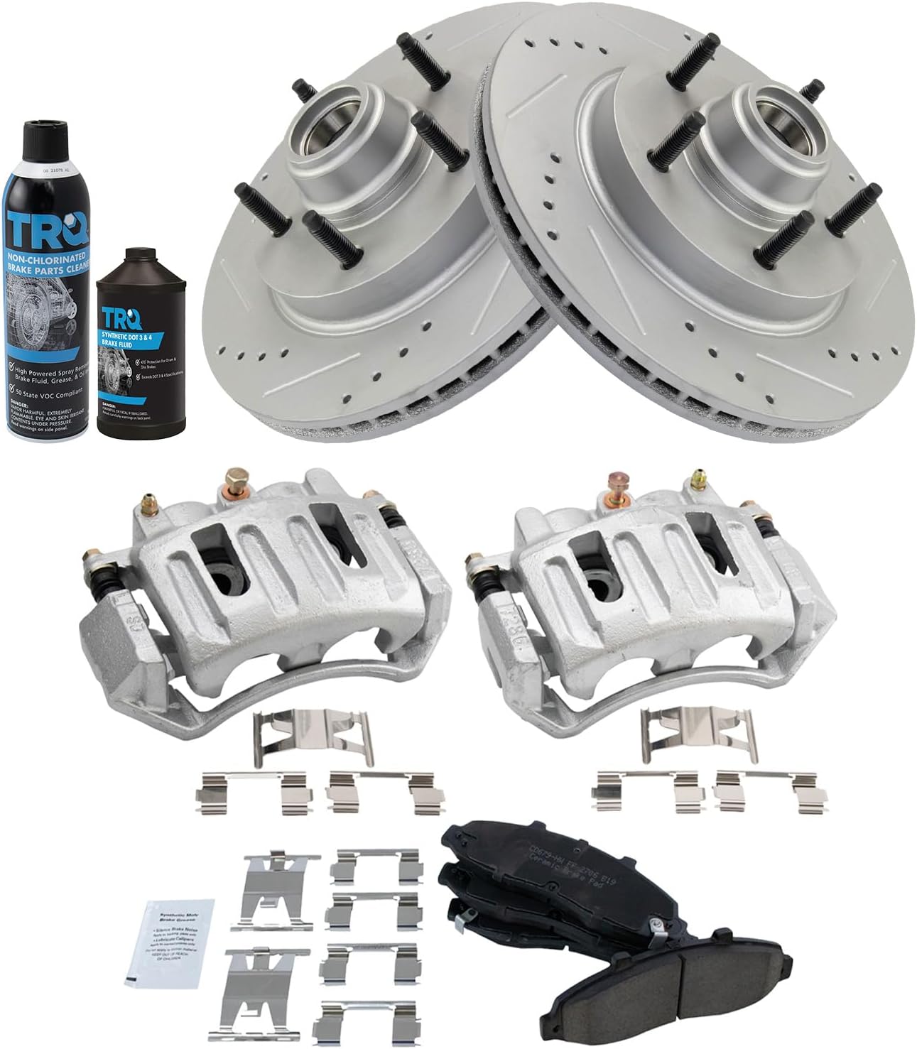 TRQ Front Performance Brake Pad & Rotor Kit Brake Caliper Brake Chemical Kit Brake Pads Brake Rotors Set Ceramic Premium G-Coated Compatible with 1997-1999 Ford F-150