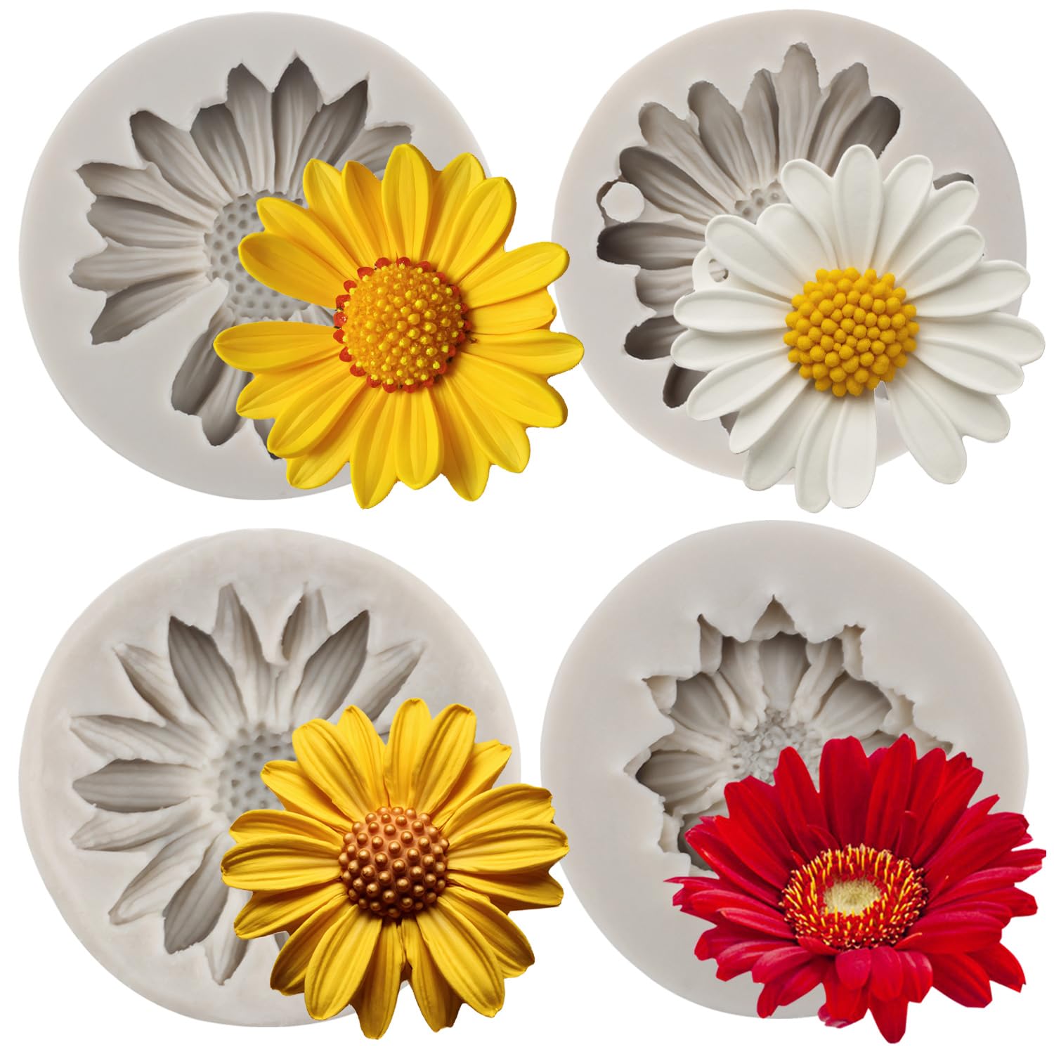 MYPRACS Chrysanthemum Flower Silicone Mould Daisy Flower Fondant Moulds for Cake Decoration Cupcake Topper Candy Polymer Clay Chocolate Gum Paste Set of 4