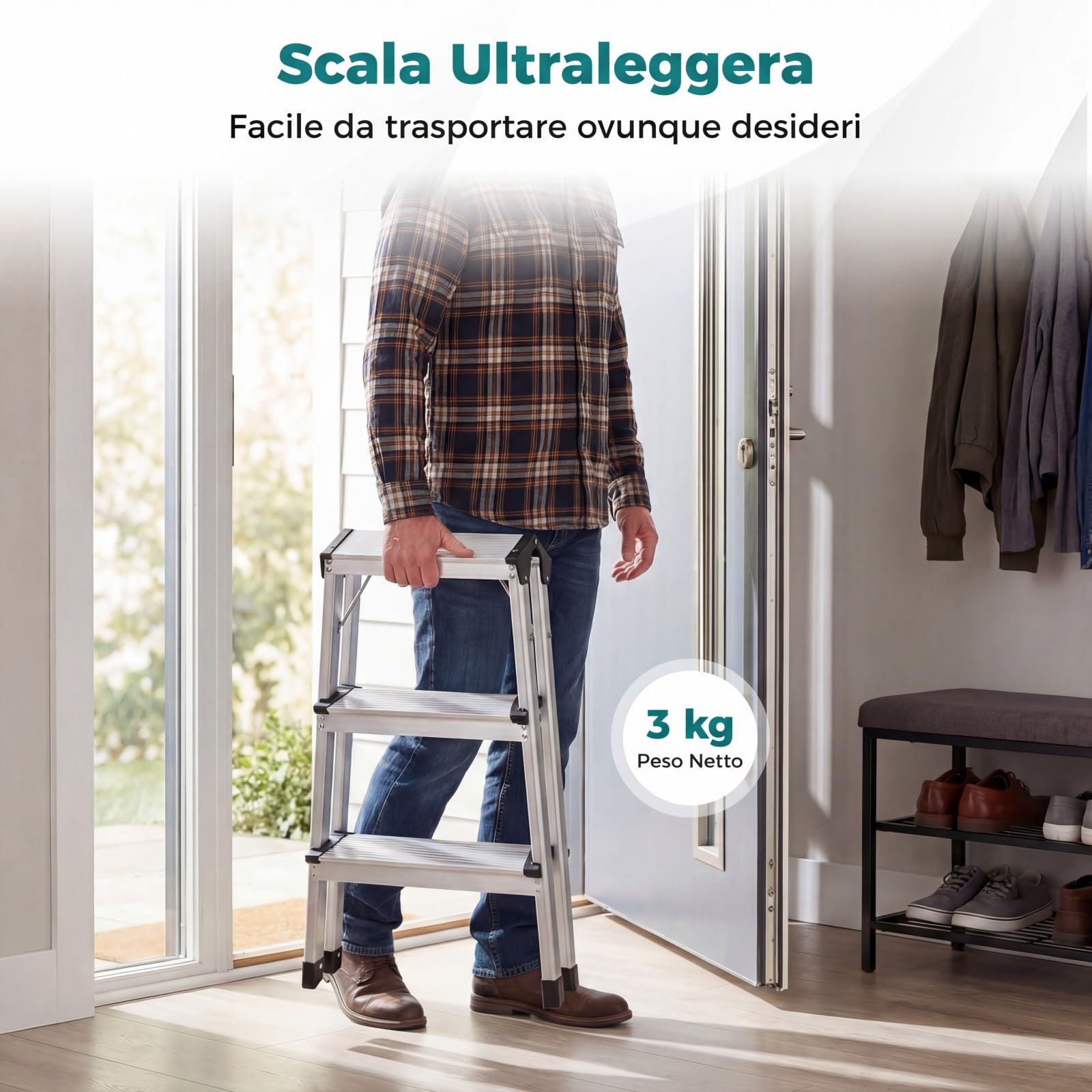 COSTWAY Scaletta Pieghevole in Alluminio, Scala a 3 Gradini Doppia con Pedane Larghe e Piedini Antiscivolo, Struttura Leggera, Portata 150 kg, per Casa, Ufficio e Garage