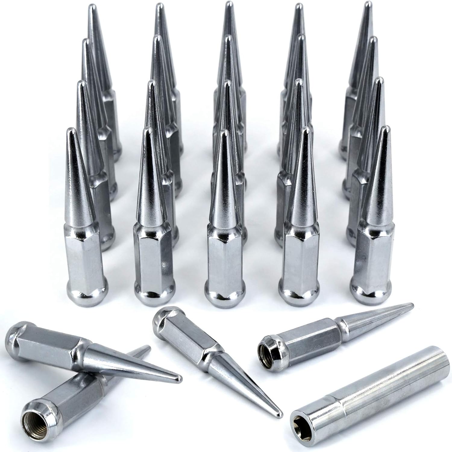 M14x1.5 Spike Chrome Lug Nuts 24pc + Tool, 14x1.5mm Wheel Lug Nuts Compatible with Chevy Silverado GMC Sierra Most 6 Lug 4 Lug Wheels