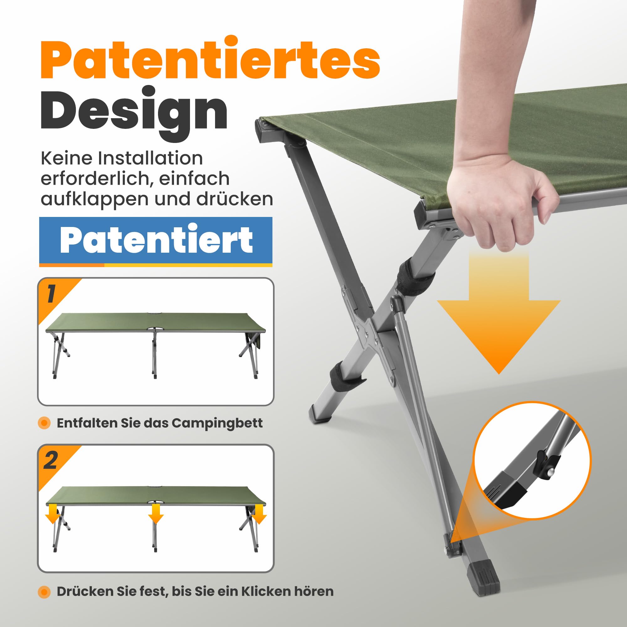 Join Nature Feldbett Klappbar 210 x 80 x 60 cm,Breite Campingbett 200kg Belastbar, Stabil Tragbar Feldbett mit Seitentasche, für Camping Garten Reisen Outdoor und Indoor