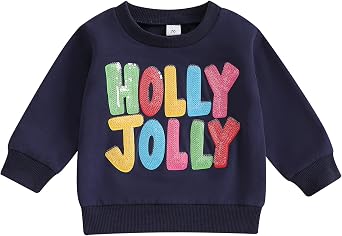 GOOCHEER Toddler Baby Girl Boy Christmas Outfit Sequins Letter Crewneck Sweatshirt Pullover Sweater Tops Fall Clothes Blue, 3-4 Years