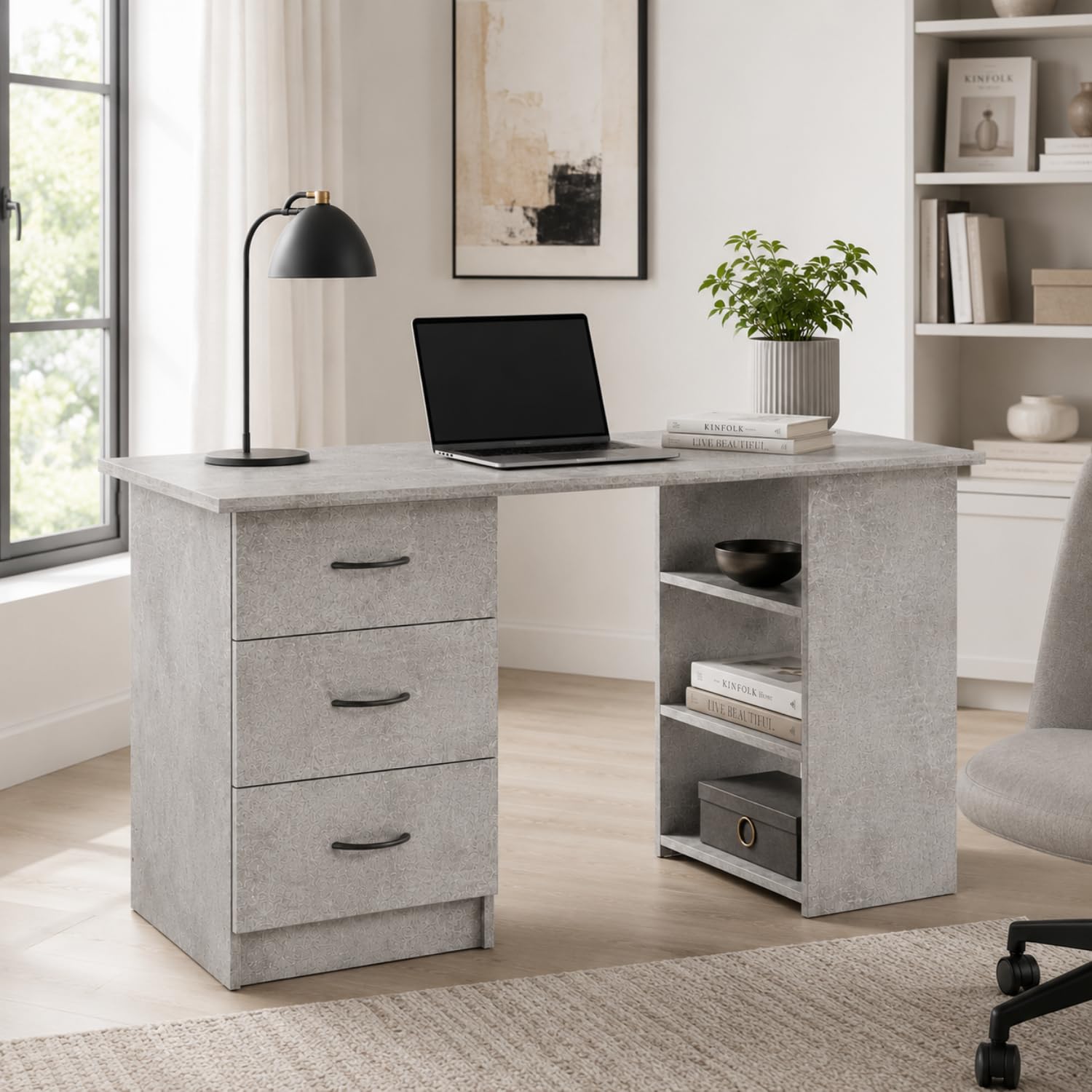 Arreditaly Scrivania Moderna Con 3 Cassetti E 3 Vani A Giorno Scrittoio Struttura In MDF Resistente Design Minimal Ideale Per Ufficio Studio Cameretta E Smart Working 120 x 49 x 72 Cm Grigio Cemento