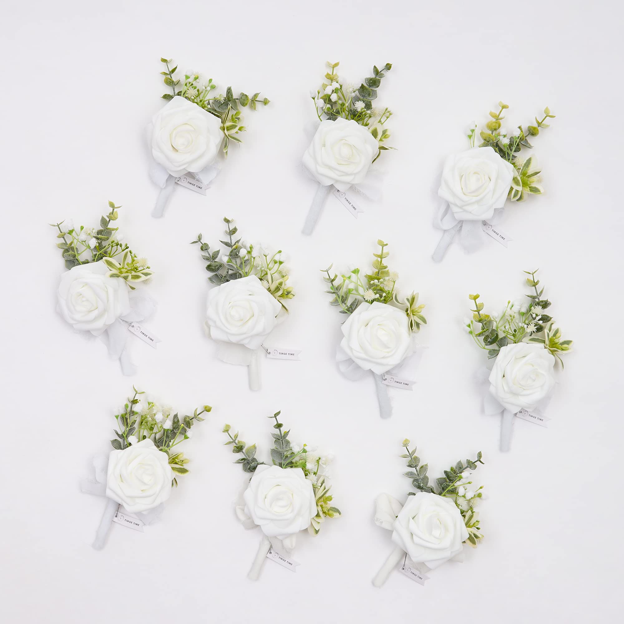 TingeTime Boutonniere for Men Wedding,Groom and Best Man Boutonniere for Wedding Ceremony Anniversary, Formal Dinner Party and Rustic Spring Wedding Marriage (10, Virginal White)
