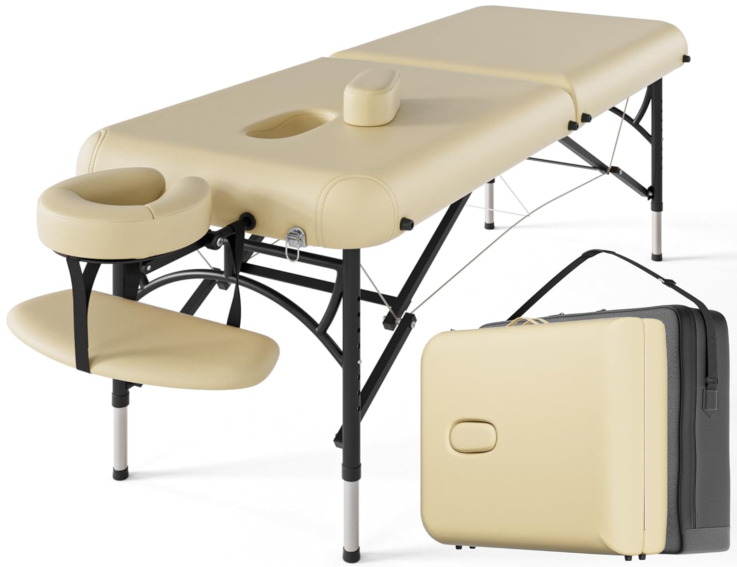 CLORIS 84" Professional Massage Table Portable 2 Folding Lightweight Facial Salon Spa Tattoo Bed Height Adjustable with Carrying Bag & Aluminium Leg Hold Up to 1100LBS Cream Cream-aluminium Leg