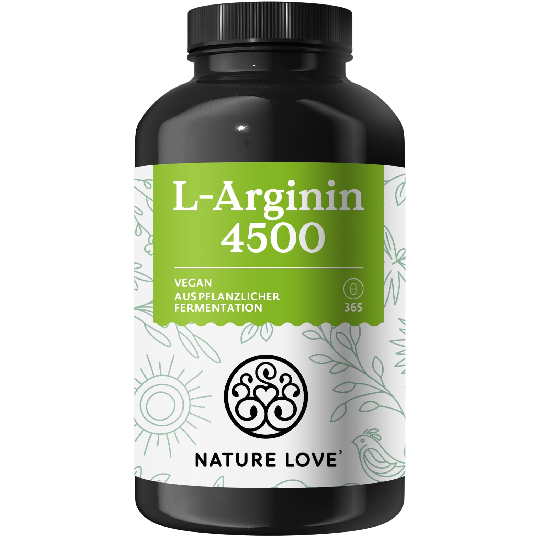 NATURE LOVE® L-Arginin - 365 Kapseln - Hochdosiert: 4500mg HCL (davon 3.750 mg Arginin) je Tagesdosis - In Deutschland produziert, vegan, laborgeprüft