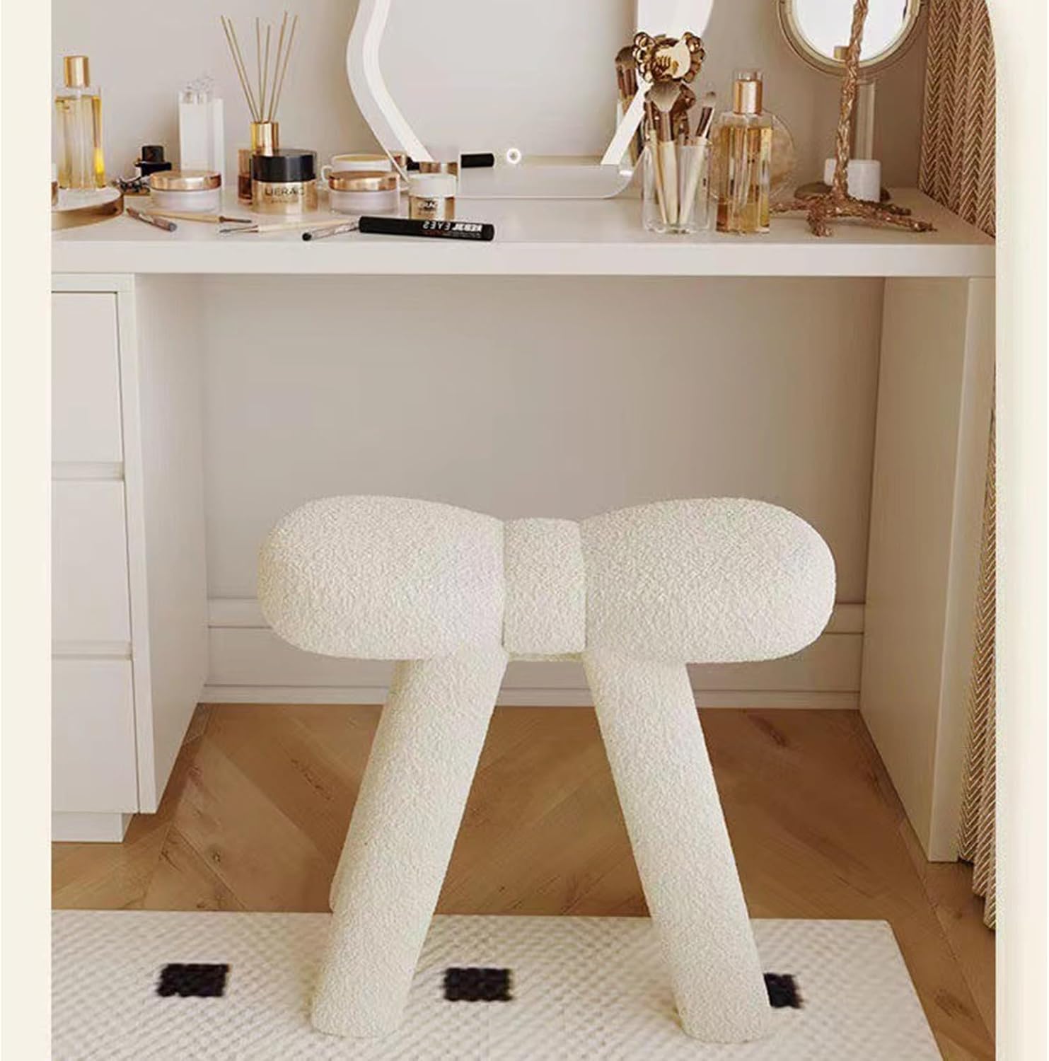 Cute Bow Dressing Stool, Soft and Comfortable Lambswool Stool, Home Shoe Stool, Footstool, Sofa Short Stool, Modern Bedroom Vanity Dressing Stool, Single Stool(Pink)
