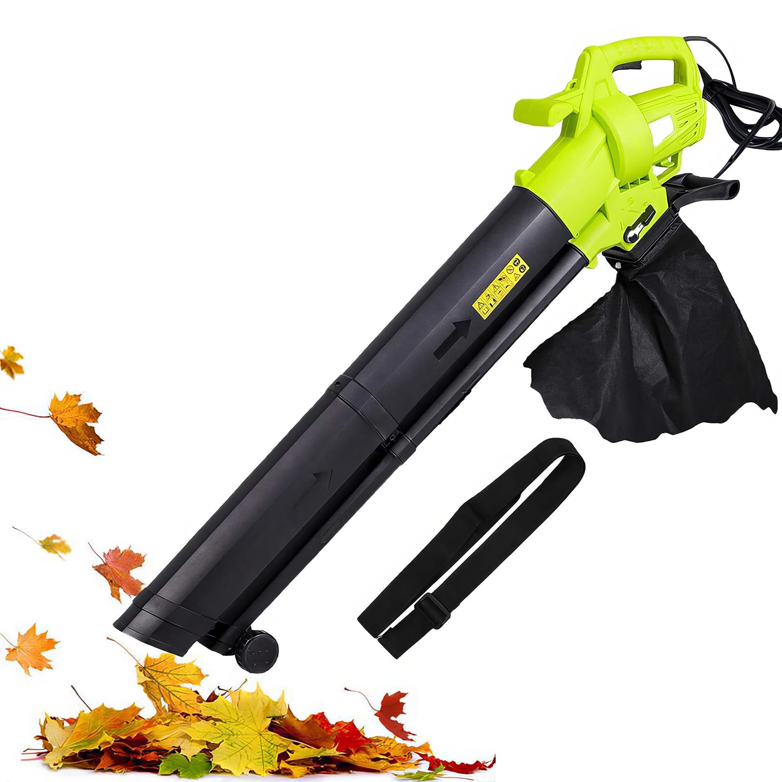 Soffiatore e aspiratore per foglie da giardino 3 in 1, trituratore e aspiratore per foglie, aspiratore e soffiatore da giardino con cavo con sacco di raccolta foglie da 35 litri e tracolla,10:1 green