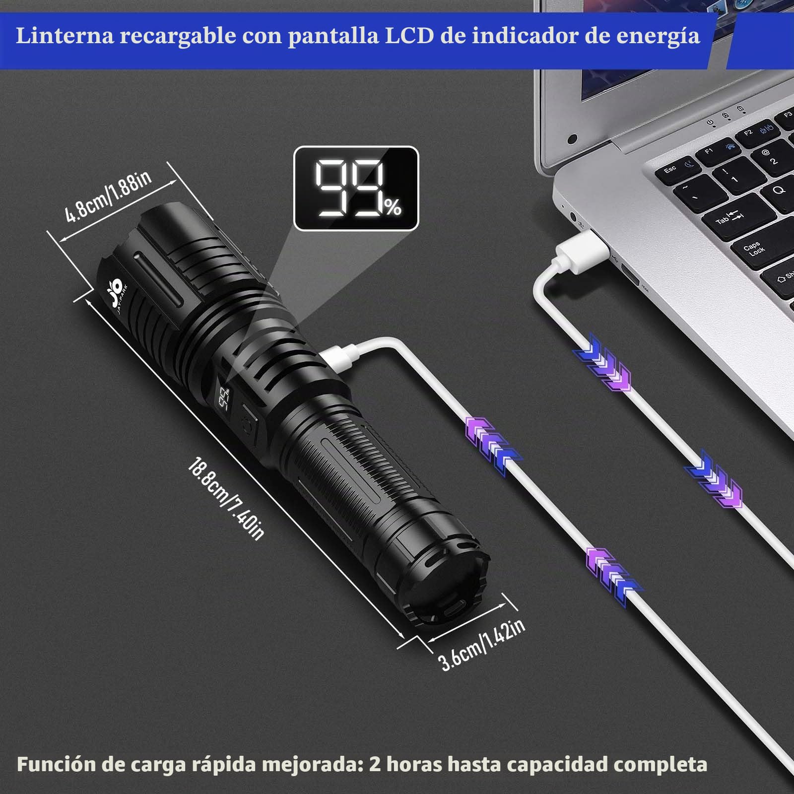 JAY-PARK Linternas LED Alta Potencia 1000000 Lumen, Linterna Recargable con Batería 5000 mAh, Linterna Potente 5 Modos, Zoomable, IPX7 Impermeable, Linerna Tactica Para Camping Senderismo Emergencias