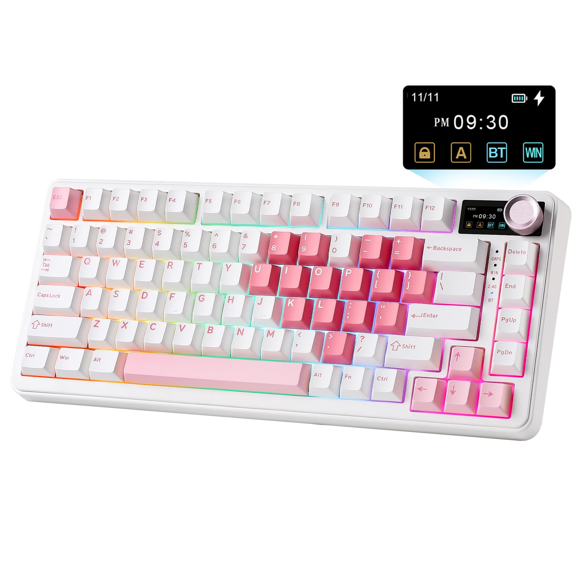 YUNZII B75 Pro MAX Teclado Mecánico Inalámbrico, Diseño 75% con Pantalla TFT y Control Giratorio, Hot Swap, QMK/Via, RGB, BT/USB-C/2,4G para Win/Mac (Corazón Blanco, Candy Switch)